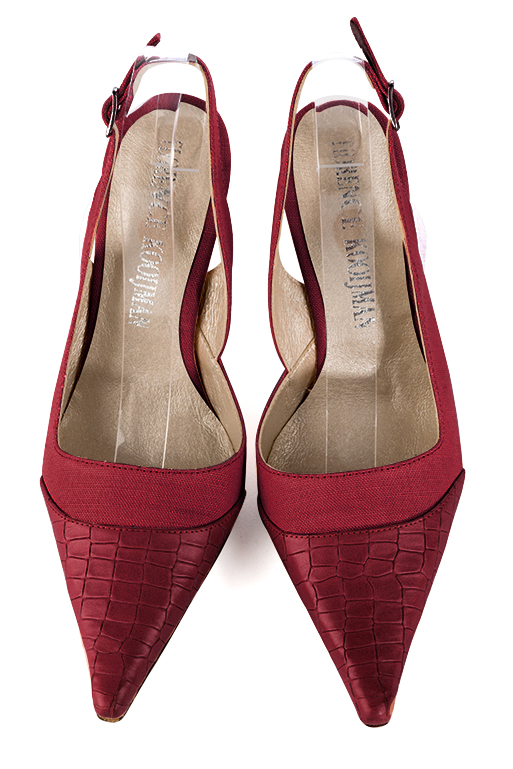 Burgundy red women's slingback shoes. Pointed toe. High spool heels. Top view - Florence KOOIJMAN